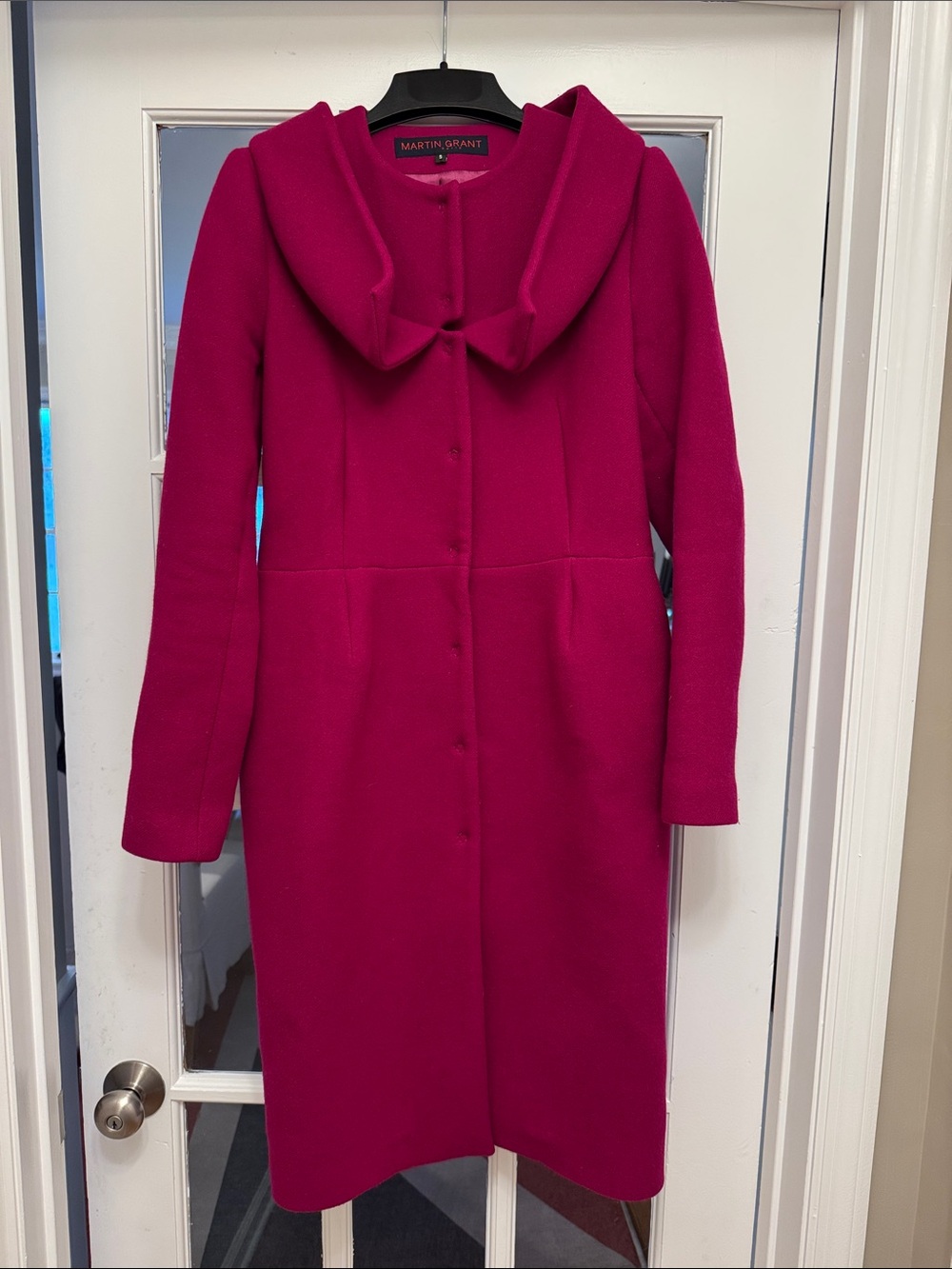 MARTIN GRANT Fuchsia Hooded Wool Long Sleeve Dress Coat